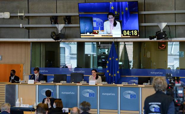 Svetlana Tijanóvskaya, representante de la oposición en Bielorrusia, compareció este lunes en el Parlamento Europeo. 