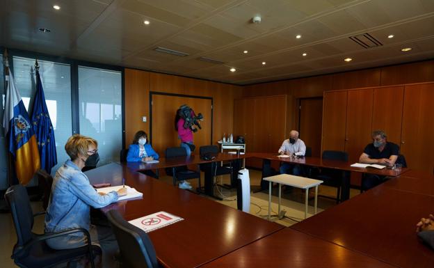 Imagen del encuentro que mantuvo ayer la consejera de Empleo con los sindicatos para sentar las bases del complemento de los ERTE. / EFE