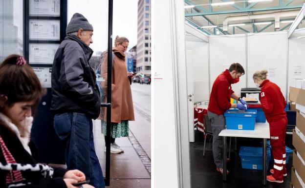 Pasajeros sin mascarilla aguardan al autobús en una parada de Copenhague, Dinamarca./ Personal médico revisa vacunas en el centro sanitario de Salzburg, Austria./EFE Y REUTERS