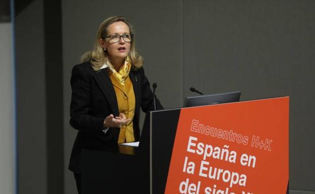 La vicepresidenta primera del Gobierno y ministra de Economía y Transformación Digital, Nadia Calviño, en su intervención de hoy./EP