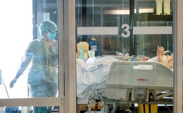 Una sanitaria atiende a un paciente en la UCI del hospital Insular. /Efe