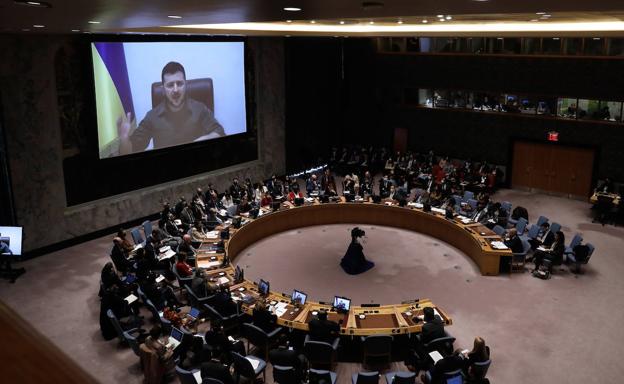 Zelenski, en su intervención este martes ante el Consejo de Seguridad de Naciones Unidas./EFE