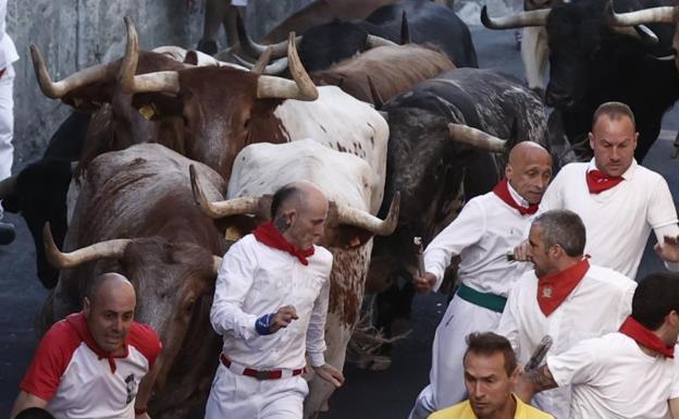 The young men run in front of the bulls during the fourth running of the bulls. 