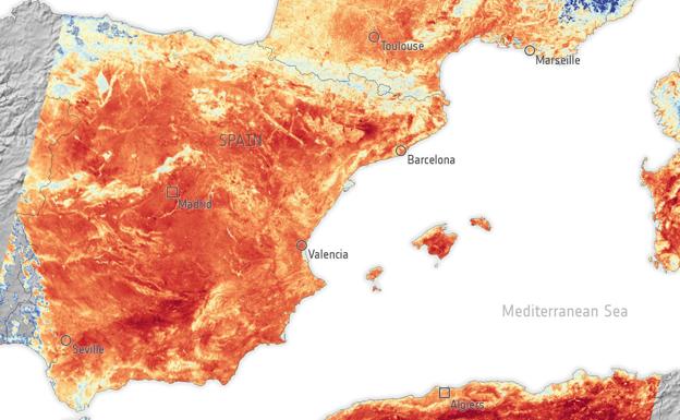 Land surface temperature in France, Spain and part of Algeria.