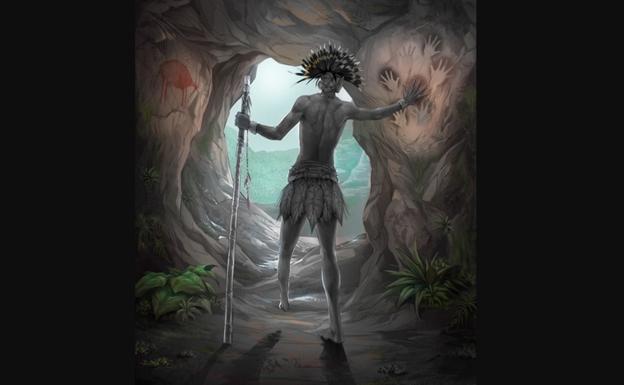 Recreation of the boy with the amputated foot in the Liang Tebo cave, in Borneo.